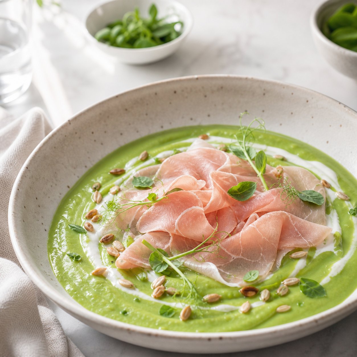 Vellutata fredda di piselli e dragoncello, yogurt greco e Carpaccio Light